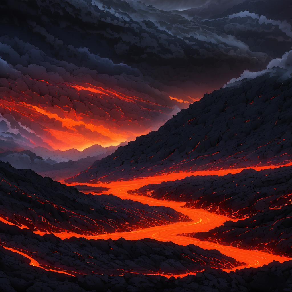 Twilight Lava Flow with Stormy Hills