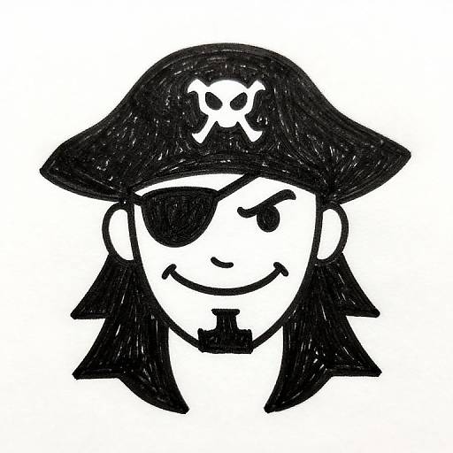 Black-and-white cartoon drawing of a pirate with an eyepatch, skull emblem on hat, black hair, and a mischievous smile.