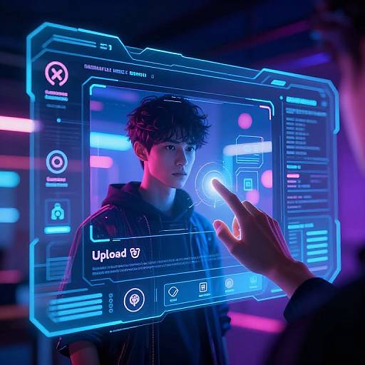 Photograph of a young man with tousled dark hair, wearing a hoodie, displayed in a futuristic holographic interface with neon blue and pink lights,