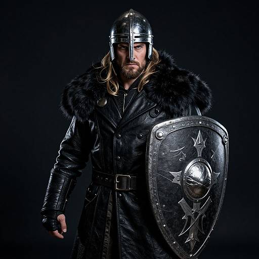 Photograph of a muscular Viking warrior with long blonde hair, wearing a metal helmet, black leather coat with fur trim, and holding a shiny, star
