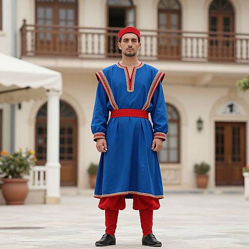Photograph of a man in a blue traditional Turkish outfit with red accents, red sash, red pants, and black shoes, standing in front of