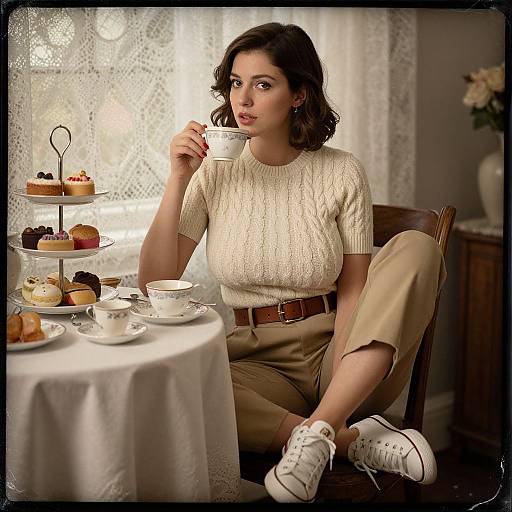Photograph of a fair-skinned woman with wavy brown hair, wearing a cream knit sweater, beige pants, and white sneakers, sipping tea