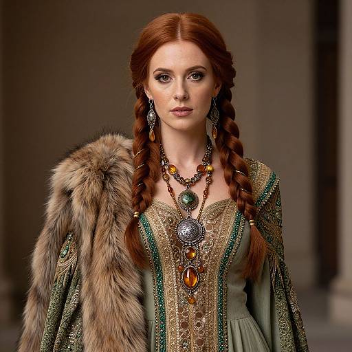 Photograph of a red-haired woman with braided hair, wearing a medieval-style green dress with intricate gold embroidery, fur cloak, and elaborate jewelry,