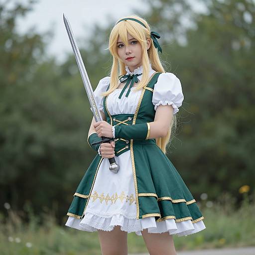 Photograph of a blonde cosplayer in a green and white anime-style dress, holding a sword, standing outdoors with a blurred forest background.