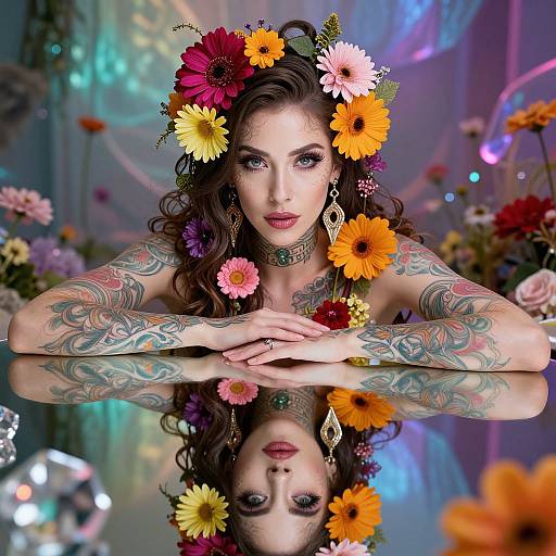 Photograph of a tattooed woman with curly brown hair, adorned with colorful flowers, wearing gold jewelry, reflected in a mirror, surrounded by vibrant flowers