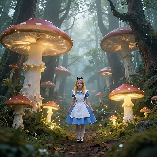 Photograph-style digital art of a young girl in a blue and white Alice in Wonderland outfit, standing in a glowing, enchanted forest with large, illuminated