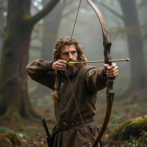 Medieval Archer with Bow in Misty Forest