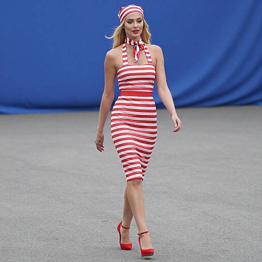 Blonde Woman in Red Striped Dress