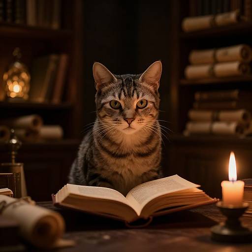 Photograph of a curious tabby cat with green eyes, sitting in a dimly lit, cozy library, reading an open book with a lit candle