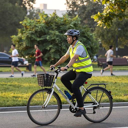Photograph: Male cyclist in yellow safety vest, black pants, and helmet rides white bike on city road, with blurred park background.