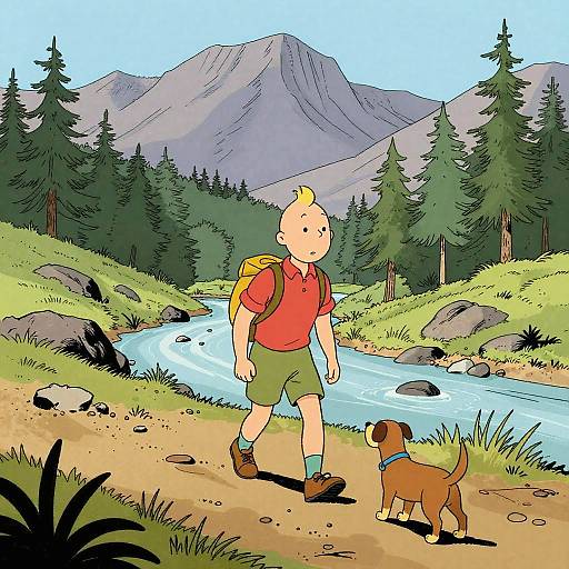 Cartoon-style illustration of a bald boy in red shirt and green shorts walking a brown dog by a river, with mountains and pine trees in the background