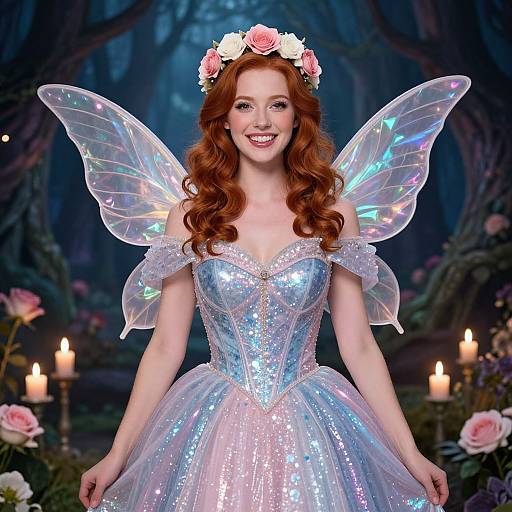 Photograph of a smiling red-haired fairy with iridescent wings, wearing a sparkling silver and pink dress, flower crown, and standing in a magical