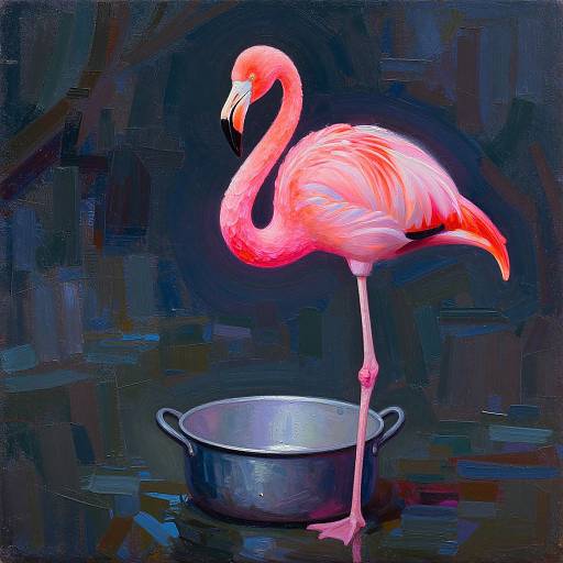 Digital painting of a vibrant pink flamingo with glowing feathers, standing in a silver pot, against a dark, abstract blue background.
