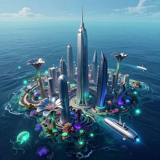 Digital art of a futuristic, floating city with towering skyscrapers, colorful coral reefs, jellyfish, and a yacht, surrounded by a vast blue
