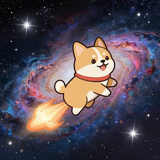 Cute cartoon Shiba Inu with a red collar flying through a colorful galaxy, leaving a bright orange comet trail.