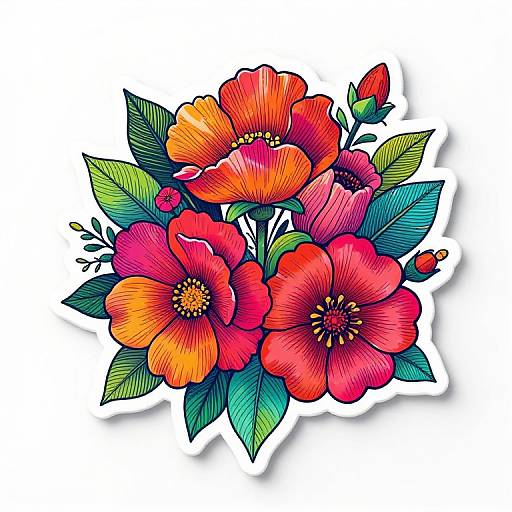 Vibrant digital illustration of colorful flowers with red, orange, and pink petals, green leaves, and a small red bud, on a white background