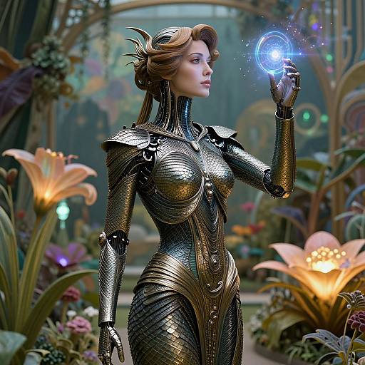 Digital art of a blonde woman in golden, armored suit, holding glowing blue orb, standing in lush, futuristic garden with glowing flowers.