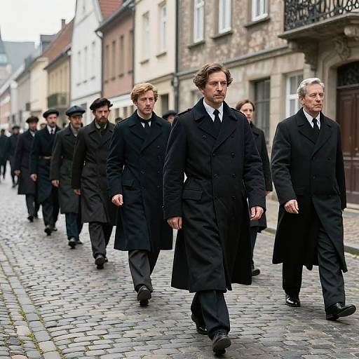 Photograph of a group of men in black overcoats walking down a cobblestone street in a European town. Serious expressions, historical setting,