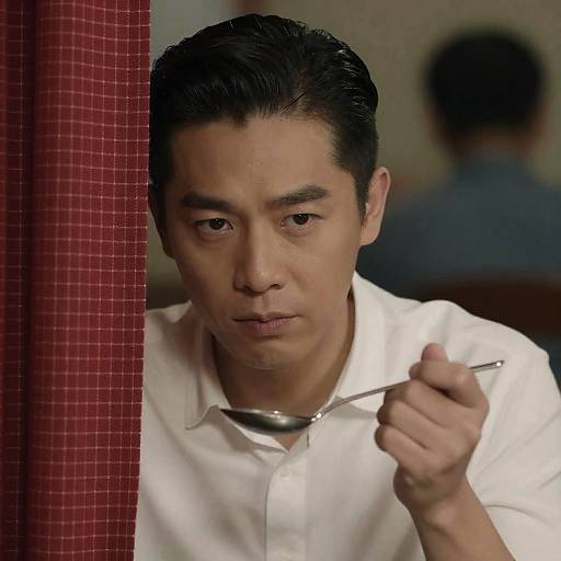 Intense Asian Man Behind Checkered Curtain