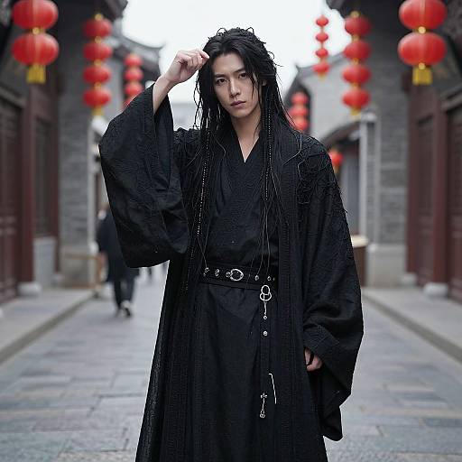 Photograph of a tall, Asian man with long, wet black hair, wearing a black, loose robe with silver belt, standing in a narrow,
