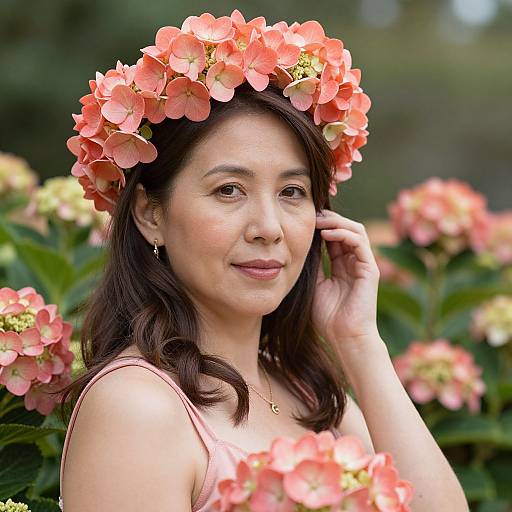 Mature Woman with Coral Hydrangea Wreath