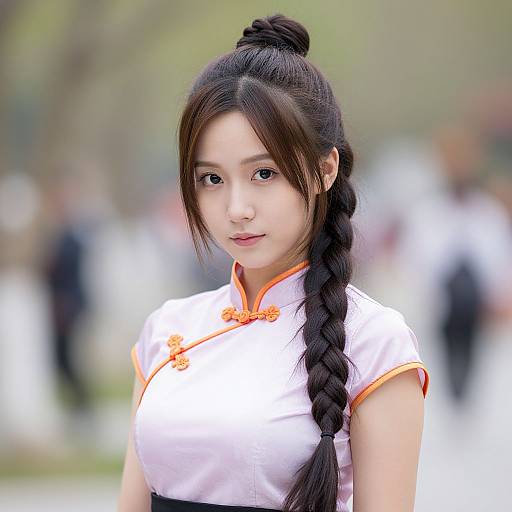 Photograph of an Asian woman with long black braided hair, wearing a white Chinese cheongsam with orange trim, standing outdoors.