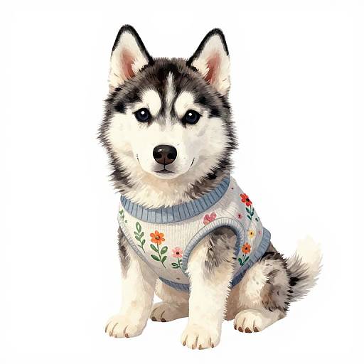 Watercolor Husky Puppy in Sweater