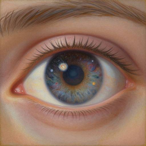 Close-up photograph of a human eye with a vivid blue iris, intricate multi-colored flecks, long black eyelashes, and a raised, slightly ar