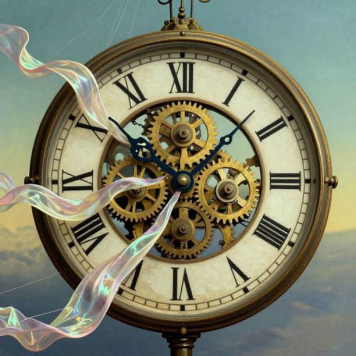 Steampunk clock with intricate gears, floating iridescent ribbons, against a blue sky and cloudy horizon. Vintage, whimsical, futuristic design