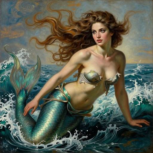Digital painting of a beautiful mermaid with long, flowing brown hair, green scales, and golden seashell bra, emerging from ocean waves.