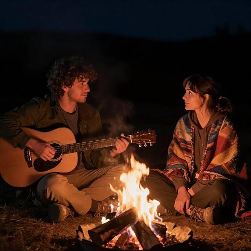Nighttime Campfire Scene with Guitar