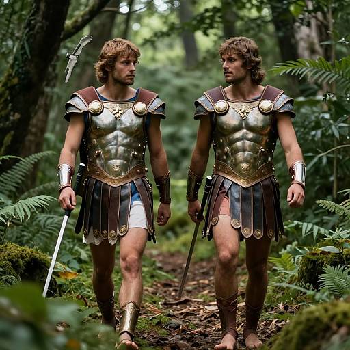 Photograph of two muscular, curly-haired men in ancient Greek-style golden armor with brown leather skirts, walking in a dense, green forest, each holding