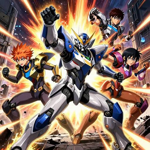 Dynamic anime-style illustration of five fighters, including a blue and white robot, in an explosive urban battle, surrounded by bright energy beams.