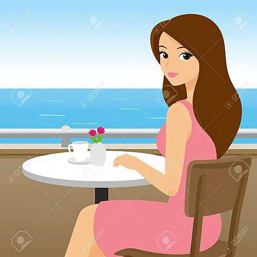 Woman Sitting at Seaside Cafe