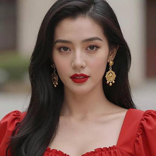 Asian Woman in Red Dress with Gold Earrings