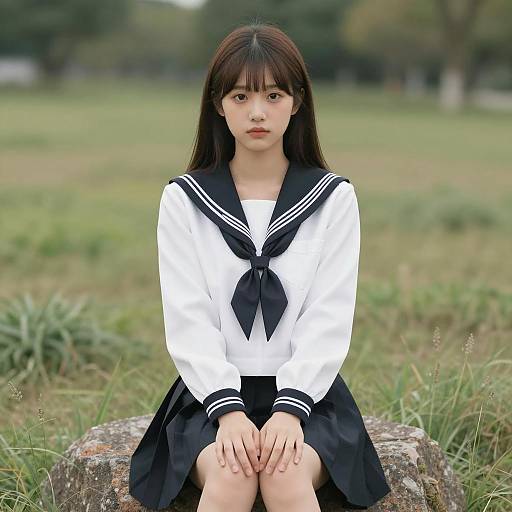 Asian Girl in Sailor Uniform Sitting on Rock