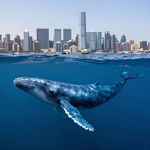 Photograph of a massive blue whale swimming beneath a city skyline with tall skyscrapers and clear blue sky, waterline dividing the scene.