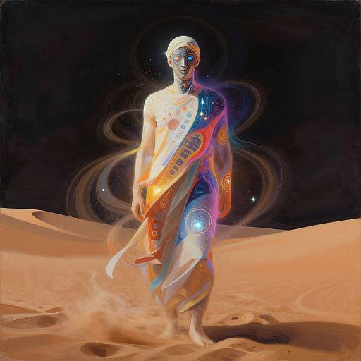 Digital art of a glowing, futuristic, shirtless man with a white headwrap, standing in a desert, surrounded by neon swirls and cosmic patterns