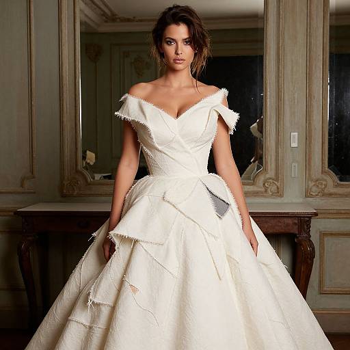 Photograph of a beautiful brunette woman in an off-the-shoulder, white lace wedding gown with a layered, voluminous skirt, standing in an