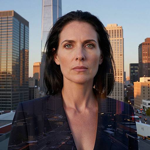Photograph of a serious, fair-skinned woman with black hair, wearing a black blazer, against a cityscape backdrop of tall skyscrapers