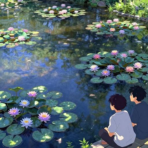 Anime-style digital illustration of two boys sitting by a serene pond with blooming pink and white water lilies, reflecting sunlight.