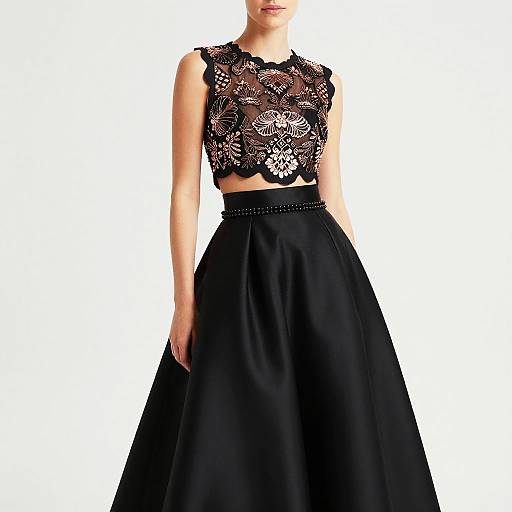 Elegant Woman in Black Formal Two-Piece Gown