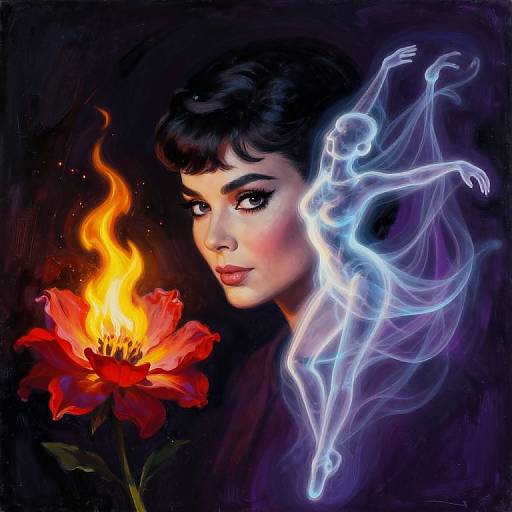 Digital painting of a dark-haired woman with glowing eyes, red flower with fire, and ethereal blue fairy against a black background.