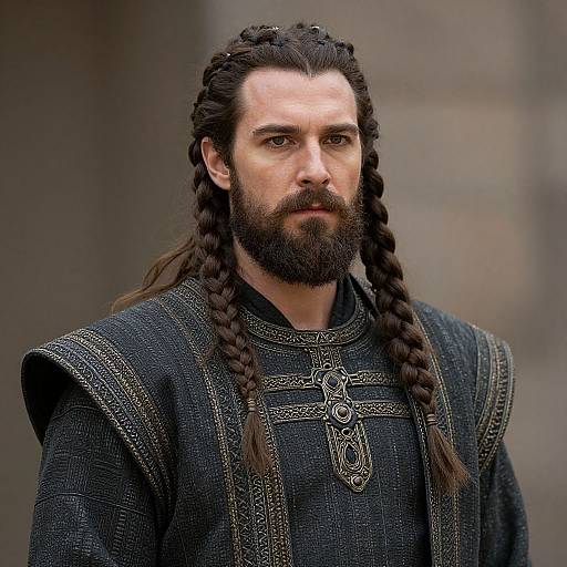 Photograph of a serious, bearded man with long, braided dark hair wearing a detailed, medieval black robe with intricate embroidery.