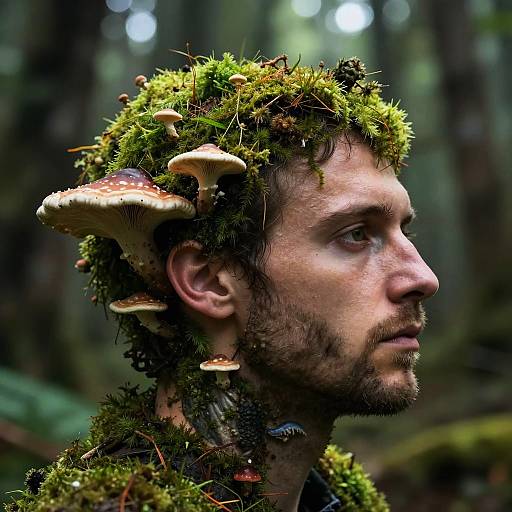 Surreal Portrait of Man with Moss and Mushrooms