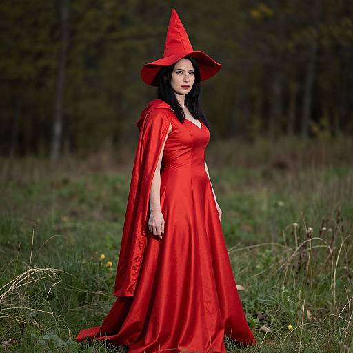 Photograph of a pale-skinned woman with long black hair, wearing a red witch hat and dress, standing in a grassy forest at night.