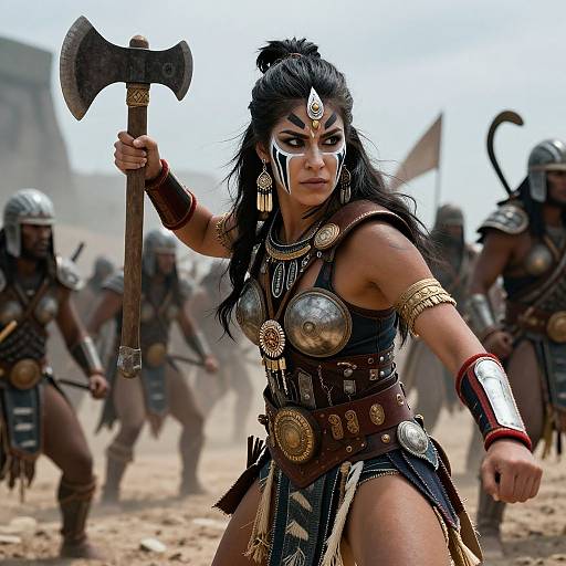 Digital art of fierce warrior woman with dark hair, tribal armor, holding axe, surrounded by armored soldiers in desert background.
