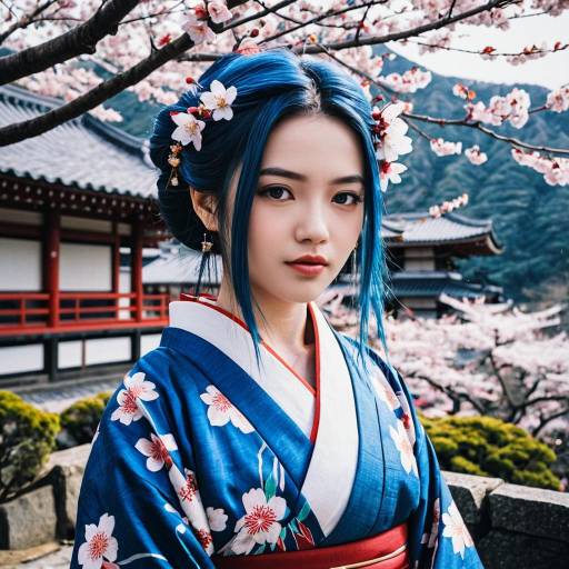 Blue-Haired Girl in Floral Kimono