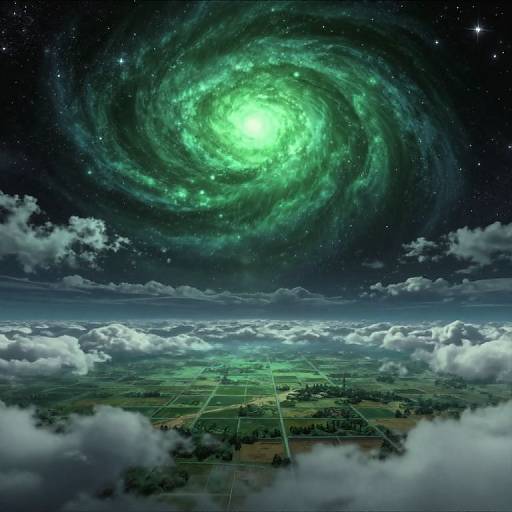 Digital art of a glowing green spiral galaxy above a cloudy landscape with a patchwork of fields and forests below.
