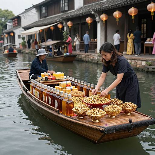 Photograph of a wooden boat on a canal, Asian woman in black dress arranging golden flower-shaped decorations, another person in hat on boat, traditional buildings